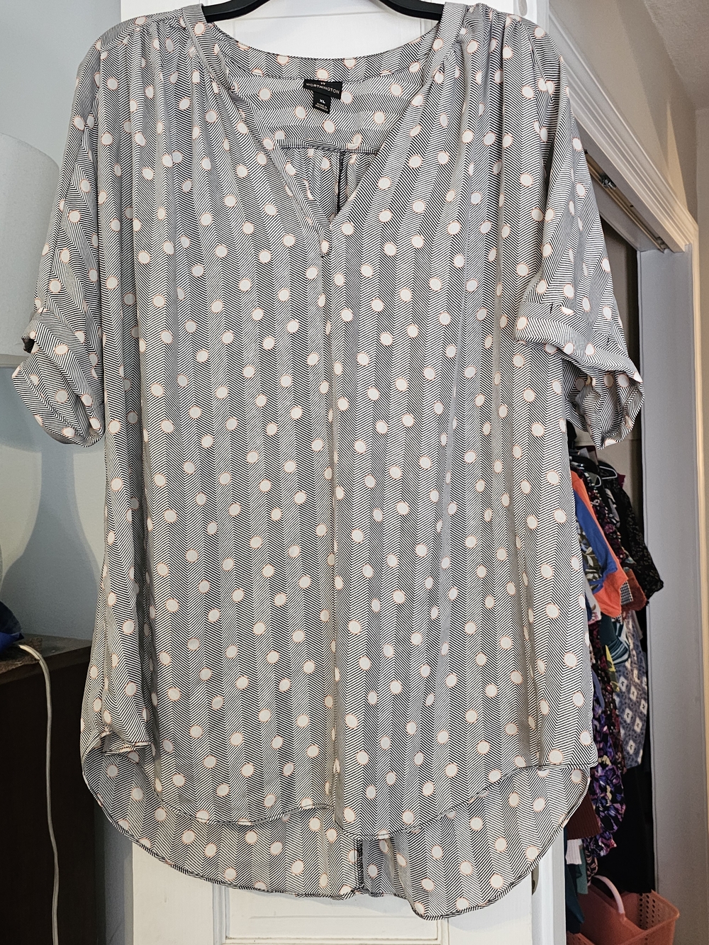4/$25 Worthington Gray Blouse with White Polka Dots